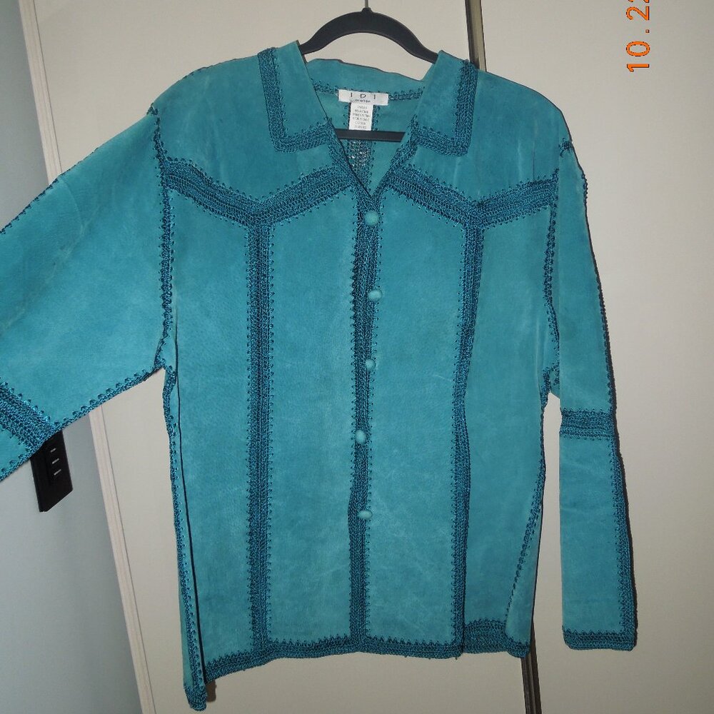 Turquoise Blue Jacket with Crochet Trim Detail Size S New Vintage